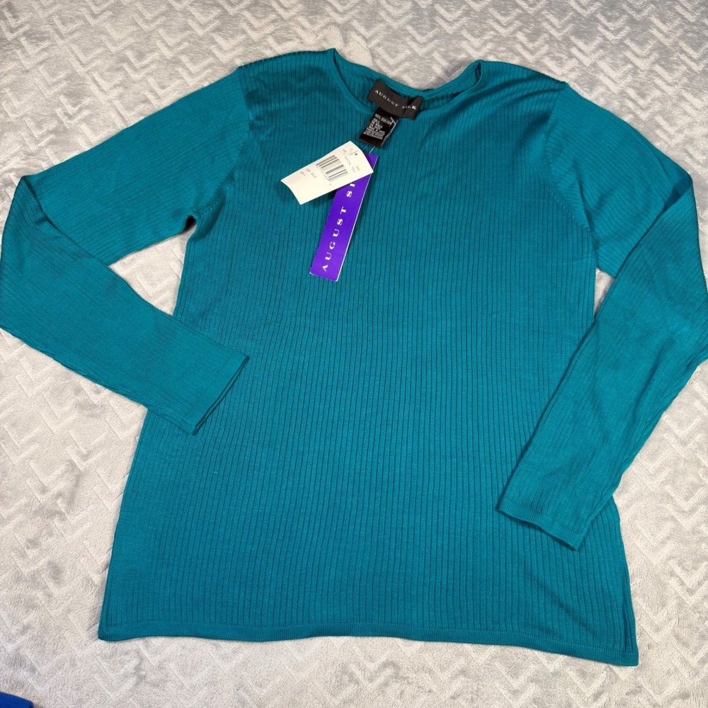 Vintage August Silk Knit Top Womens Large Teal Ribbed 100% Silk Long Sleeve NWT